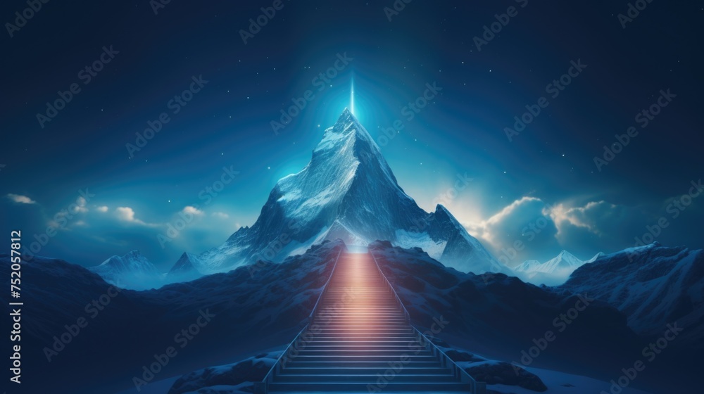 Poster a stairway leading up to a mountain with a bright light at the end. suitable for various inspiration