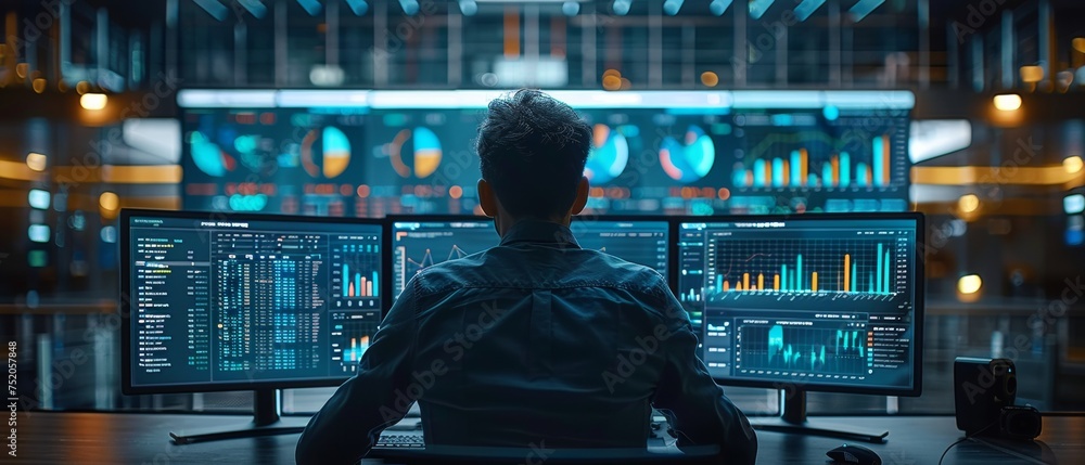 Poster Business analysts use computers and dashboards for data business analysis and Data Management Systems with KPIs and metrics connected to the database for technology finance, operations, sales, and