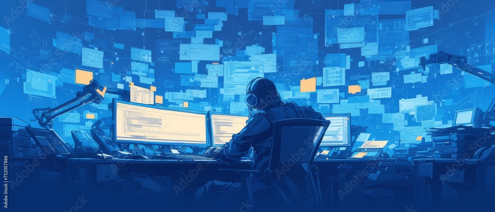 Aufkleber The man uses the website or software technology AI to help and support chatbot, chat AI, generation of images, and writing codes for the data analysis with AI smart robots