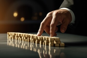 A person's hand placing a domino board on a table. Suitable for business strategy concepts - obrazy, fototapety, plakaty