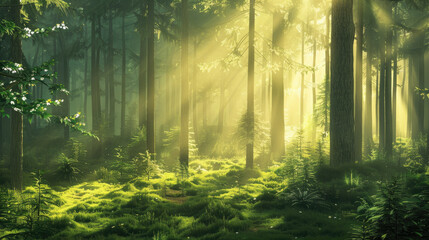 Fototapeta premium Sunlight in the green forest, spring time
