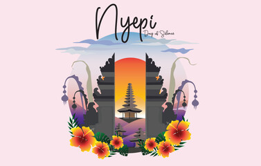 vector bali temple sunrise sunset view cloudy hills and flowers and plants and bali traditional flag and bali penjor celebration nyepi day of the silence hindu balinesse day