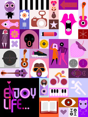 Зop art collage of many different objects, set of design elements. 