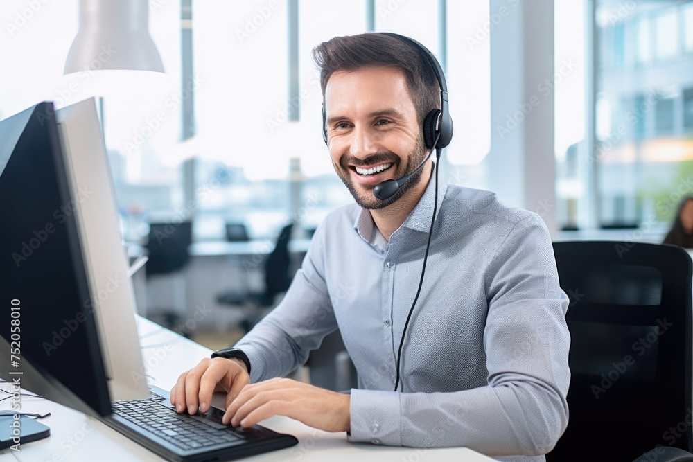 Aufkleber A man wearing a headset is sitting in front of a computer. Suitable for technology and customer service concepts