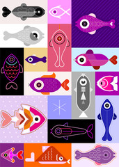 Pop art collage of images of various fish. Vertical cover template, aspect ratio 5 to 7 (A1, A2, A3, A4, A5, etc.).
