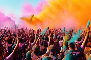 A vibrant crowd of people with colored powder on their hands. Perfect for event and celebration concepts