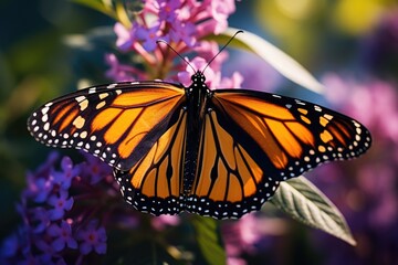 Beautiful monarch butterfly perched on vibrant purple flower. Perfect for nature and garden themes