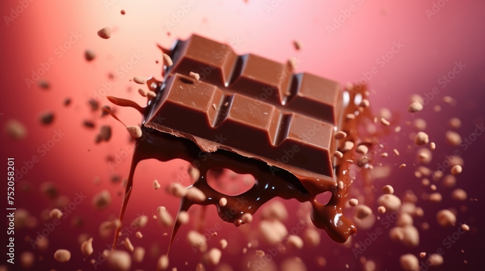 Poster A chocolate bar falling into a puddle of chocolate. Suitable for food and dessert concepts