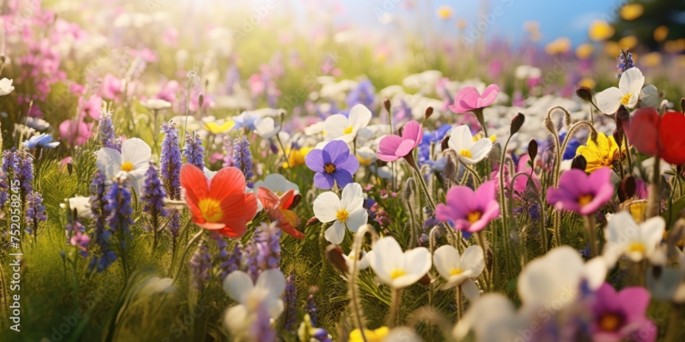 Poster a beautiful field of colorful flowers with a clear blue sky in the background. suitable for various 