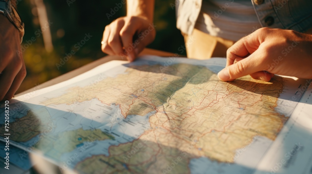 Poster two individuals studying a map on a table, suitable for travel concepts