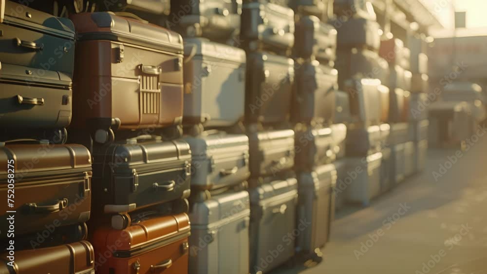 Poster rows of neatly stacked rolling suitcases line the airport terminal ready for their owners to retriev