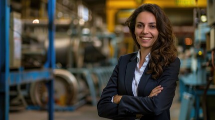 Confident female engineer in business attire at an industrial plant.