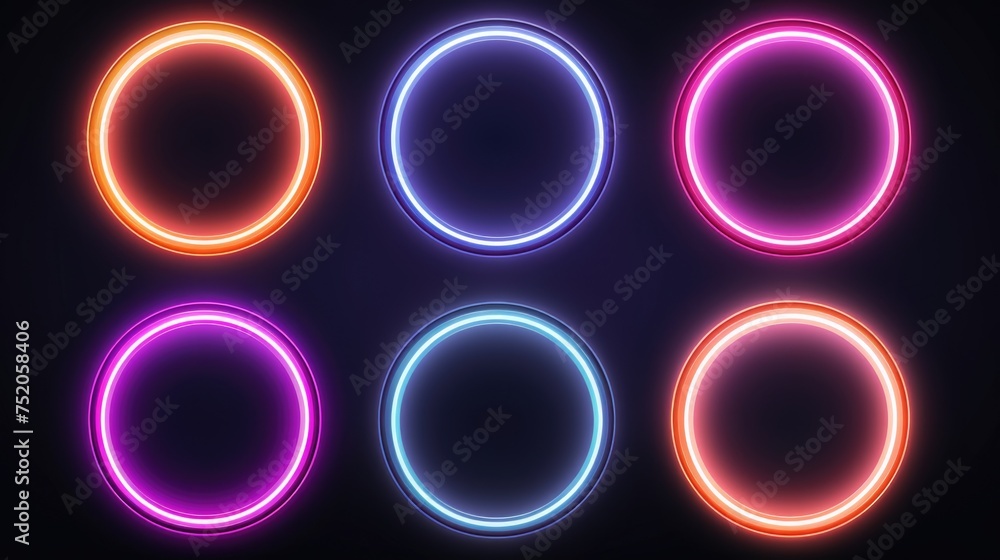 Poster bright neon circles on a dark background. suitable for modern design projects