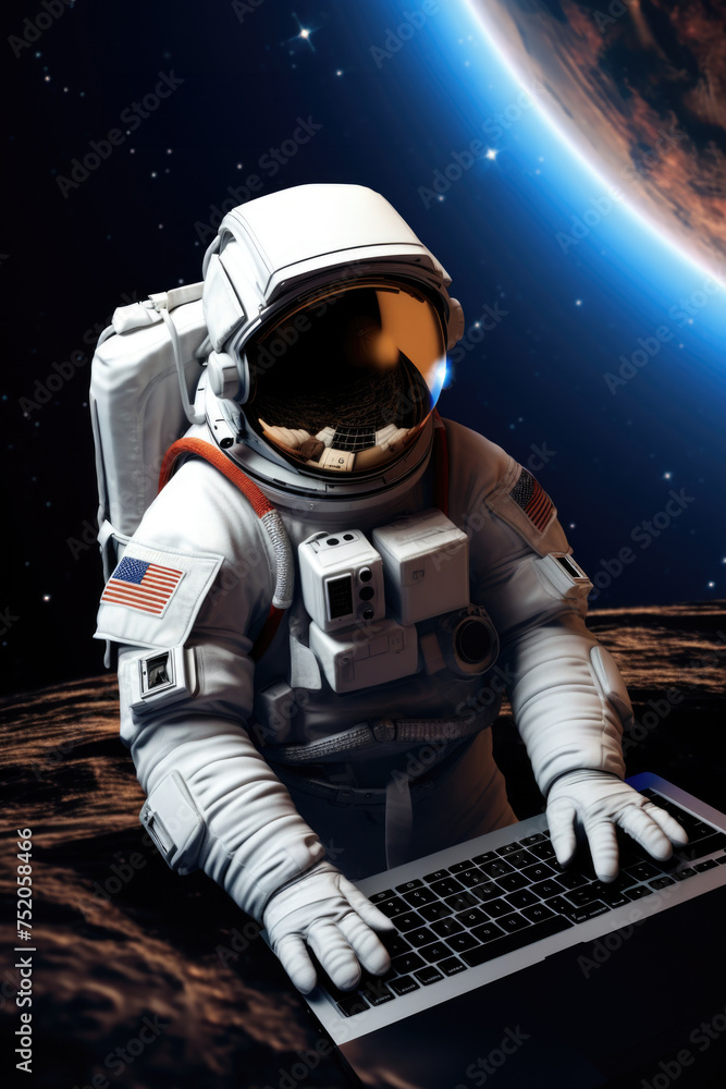 Aufkleber An astronaut in a spacesuit using a laptop computer. Suitable for technology and space exploration concepts