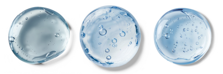 Set glycerin gel texture. Blue serum toner drop isolated on white background. Liquid gel moisturizer with bubbles macro