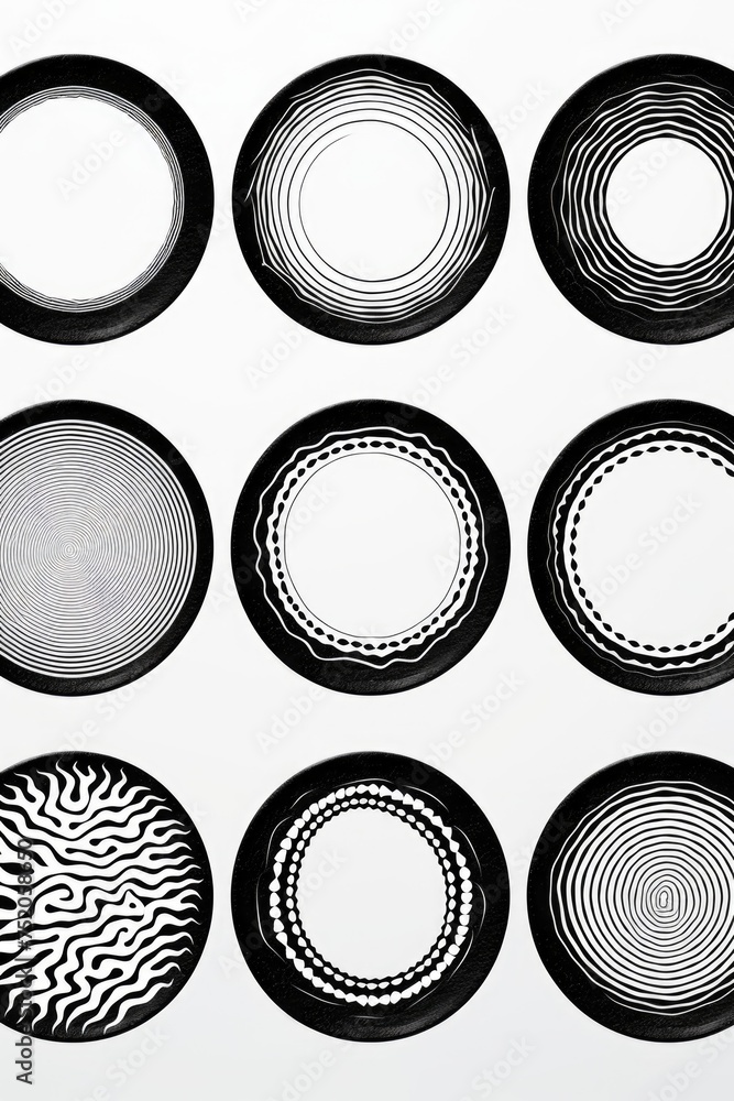 Poster A set of nine different circular designs on a plain white background. Suitable for various graphic design projects