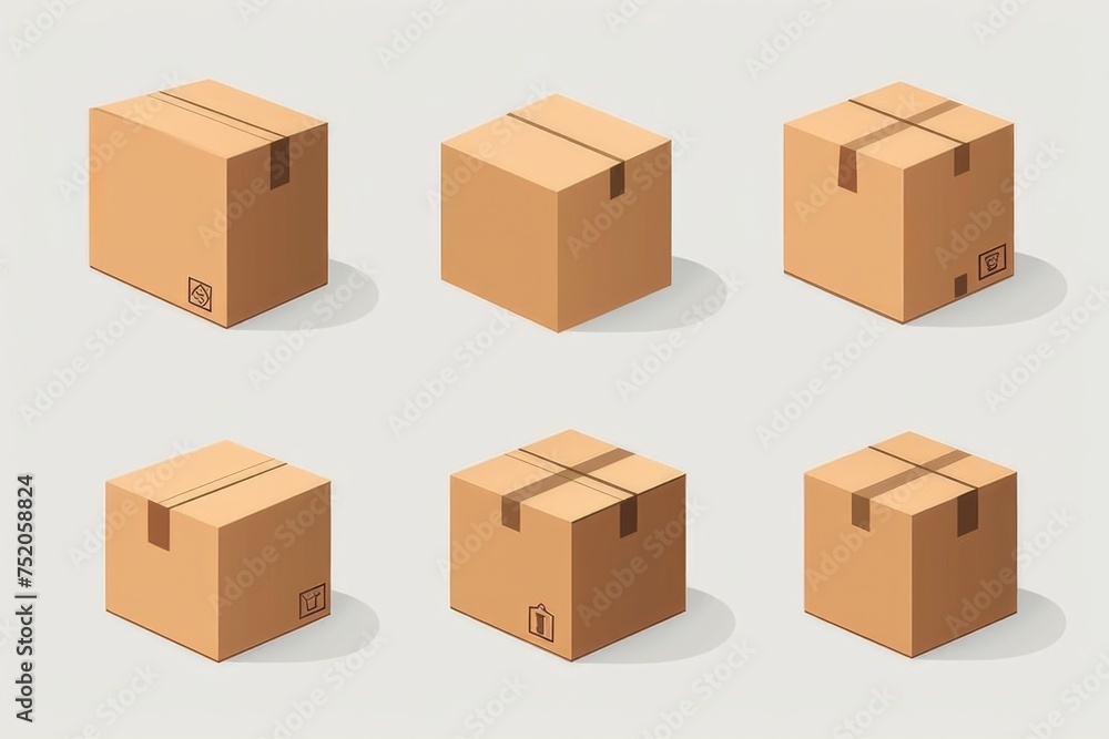 Poster set of four cardboard boxes on a plain white background. ideal for packaging and shipping concepts
