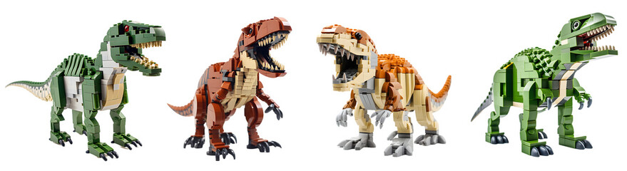 Fototapeta premium dinosaur lego toys isolated on a transparent PNG background, white background , Generative Ai