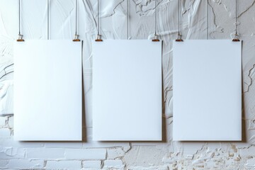 Three blank white posters hanging on a brick wall. Suitable for advertising or announcements - obrazy, fototapety, plakaty