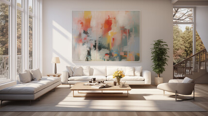 Light Interior of livingroom design with furniture and a painting on wall