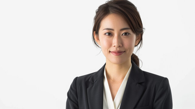 Beautiful studio portrait of young, stylish asian executive businesswoman wearing black blazer suit, looking at camera with confidence on white background