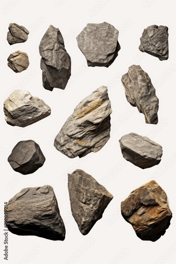 Poster a variety of rocks displayed on a plain white background. perfect for educational materials or geolo