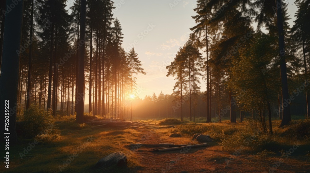 Poster sun setting behind trees in the forest, ideal for nature backgrounds