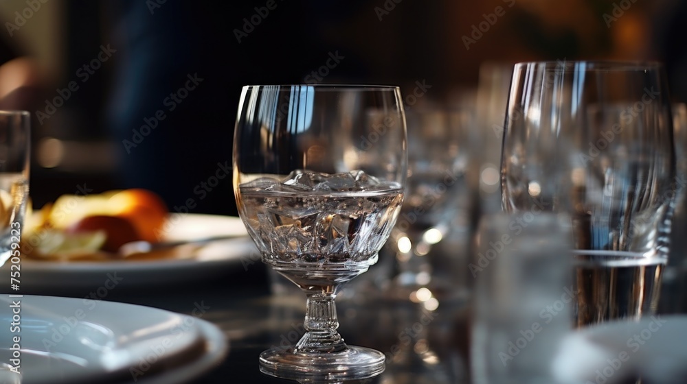 Poster a simple glass of water on a table, suitable for various concepts