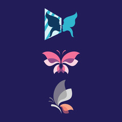 Premium, Modern, Feminine, Playful,Simple, Colorful Butterfly Set Collection Beauty Elements Vector Illustration With Fark Navy Blue Background