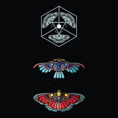 Premium, Modern, Feminine, Playful, Geometric, Esoteric Colorful Butterfly Set Collection Tattoo Elements Vector Illustration With Black Background.