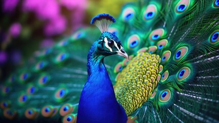 Close up of a peacock with its feathers spread. Suitable for nature and wildlife concepts