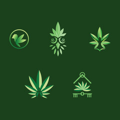 Premium, Modern, Mature, Simple, Geometric, Marijuana Weeds Herbs, Medicine, Yoga Logo Set Collection Elements Vector With Dark Green Background