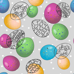 Rainbow eggs and chickens seamless illustration. Happy Easter design. Cute bright pattern. Print for wrapping paper. textiles, preparation for designers