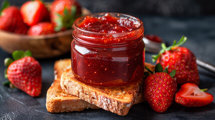 A jar of strawberry jam and fresh strawberry and toast with jam on a dark background. 