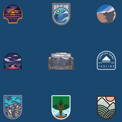 Premium, Modern, Playful, Fun, Geometric, Flat Multi Colored Outdoor Adventure Badge Logo Set Collection With Dark Navy Background