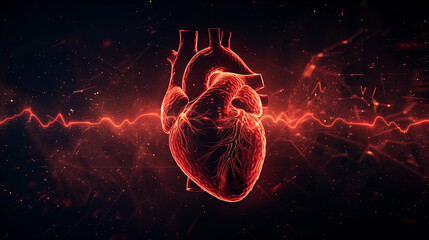 Abstract shape of human heart with digital red line of cardiac pulse. on a black background. 