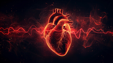 Abstract shape of human heart with digital red line of cardiac pulse. on a black background. 