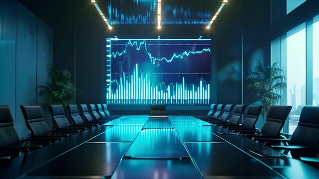 Pushing over a meeting table in a dark teal meeting room with stock charts projected on the wall