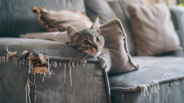 cat on a tattered sofa / couch