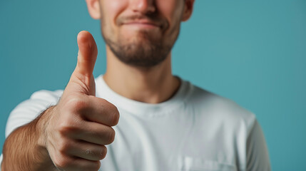 Close up man in a light shirt showing thumbs up gesture on a pastel blue background