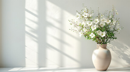 home interior with white flowers in a vase on a light background for product display 
