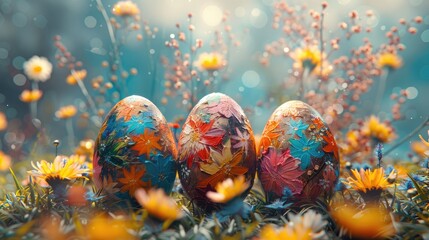 Easter eggs painted with colors, creative eggs, pysanky on dark blurred background. Paint splashes and swirls