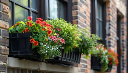 Fototapeta na wymiar Flower filled window boxes. Closeup of green perennial plants in window planters boxes adorning city building. Urban gardening landscaping design
