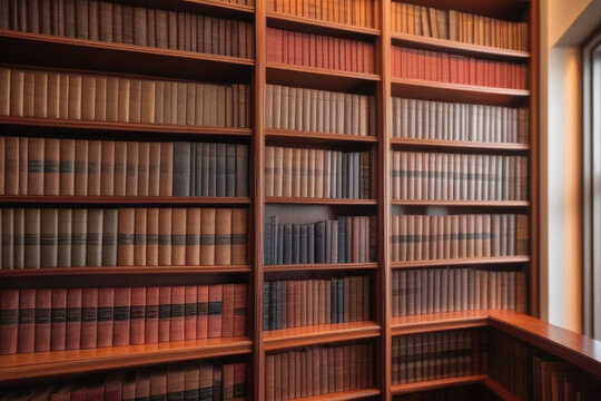 A lot of old books for reading on wooden bookshelves in the library, dark background, copy space for text, Book tops. Educational, culture and science concept. Close up.