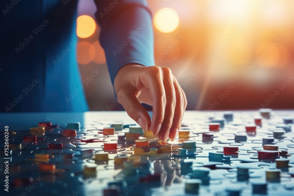 Aufkleber A person placing a puzzle piece on a table. Suitable for business or problem-solving concepts