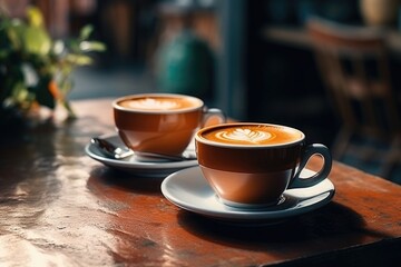 Two cups of coffee on a table, perfect for coffee shop or cafe concept