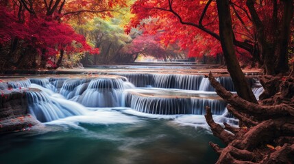 A scenic waterfall surrounded by a forest with vibrant red leaves. Ideal for nature and autumn themes