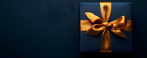 Elegant dark blue gift box adorned with a golden satin ribbon. Concept Gift Wrapping, Elegant Presentation, Dark Blue Theme, Gold Accents, Satin Ribbon