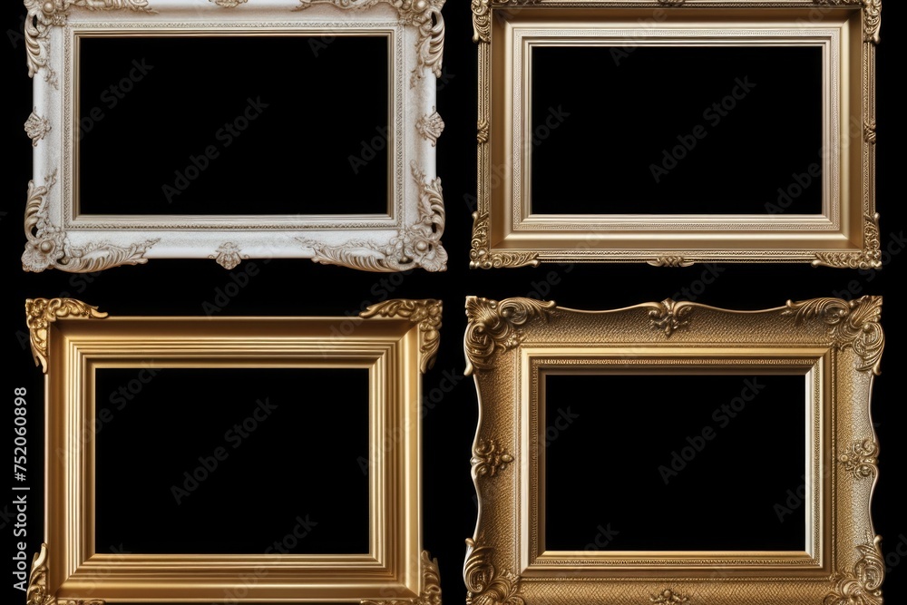 Poster four elegant gold picture frames on a sleek black background. perfect for adding a touch of luxury t