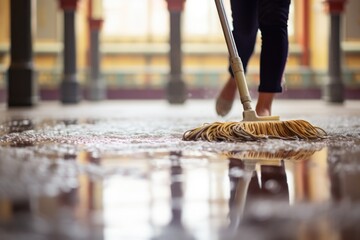 Fototapeta premium Woman using mop to clean the floor, suitable for cleaning services promotions